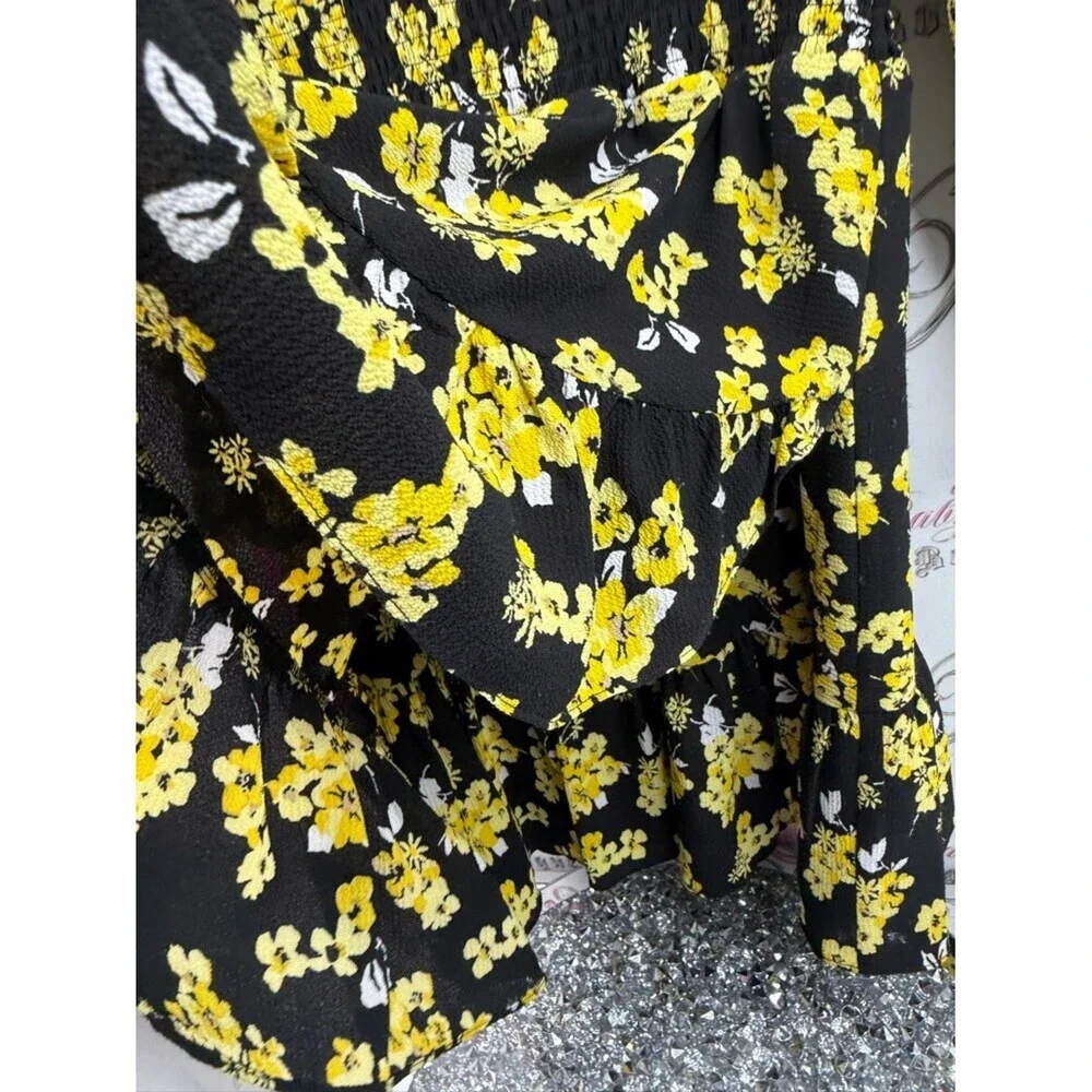Michael Kors dress flowers V neck flowy Black Dress with Yellow Floral Print